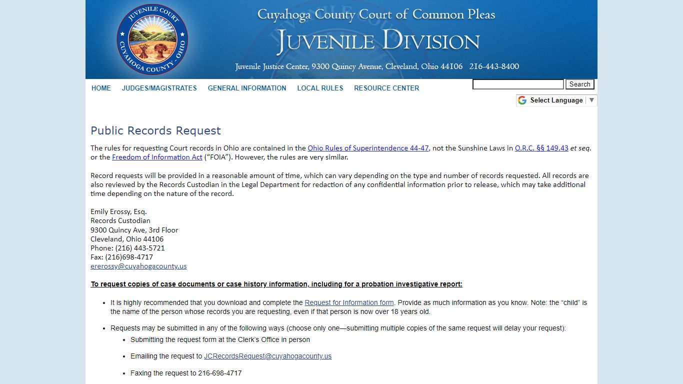 Public Records Request - Cuyahoga County Juvenile Court