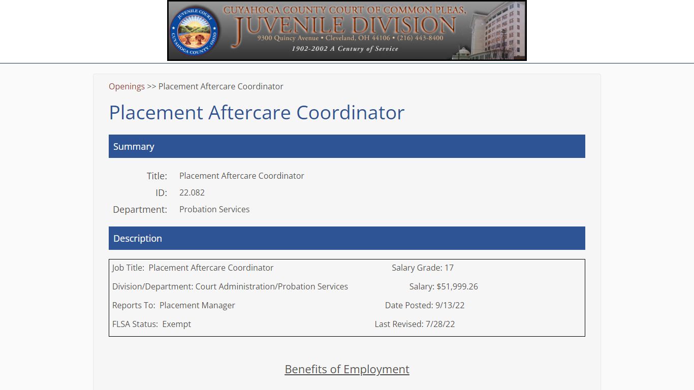 Placement Aftercare Coordinator - Cuyahoga County Juvenile Court