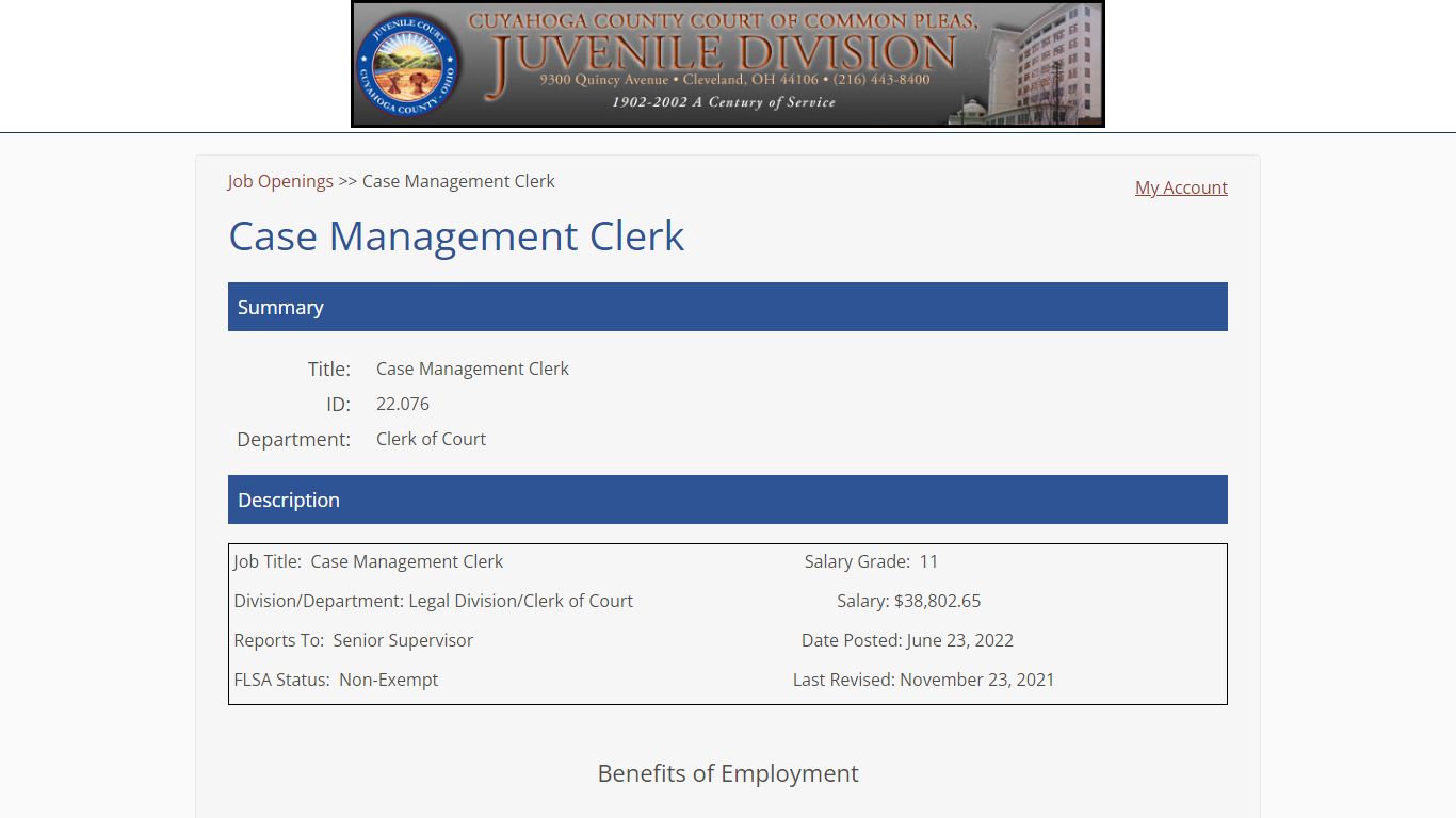 Case Management Clerk - Cuyahoga County Juvenile Court